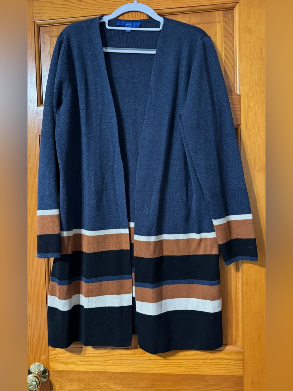 Apt. 9 Navy Open-Front Cardigan with Camel, White and Black Stripes